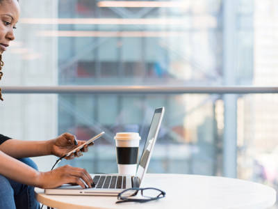 Woman On Mobile And Laptop 2100X1400